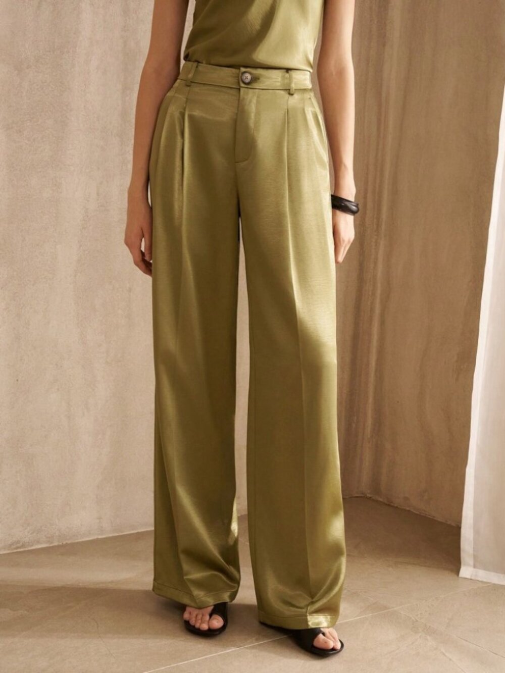 Warm Olive Green Satin Wide Leg Pleated Trousers